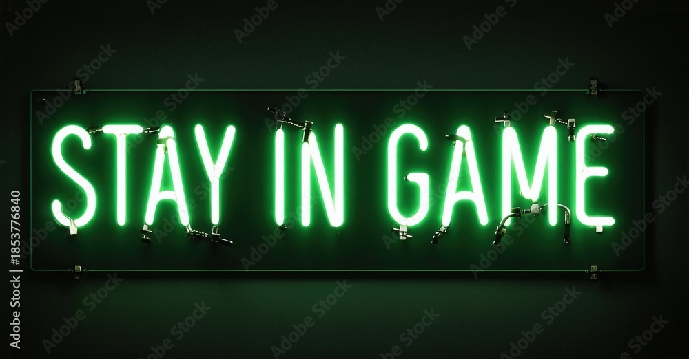 Fototapeta premium Bright neon sign displays Stay in Game text. Dark background emphasizes glowing green illumination. Simple, motivational message presented.