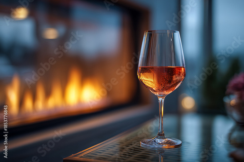 glass of rose wine on glass table near modern fireplace with soft ambient light