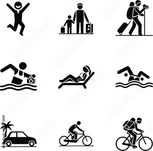 Line art icons depicting various recreational activities and travel scenes