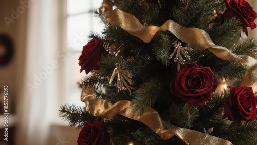 Elegantly Decorated Christmas Tree with Red Roses and Gold Ribbon.