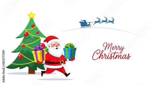 Santa Claus Delivers Gifts, Christmas Tree, Reindeer Sleigh, Festive Holiday Season Illustration