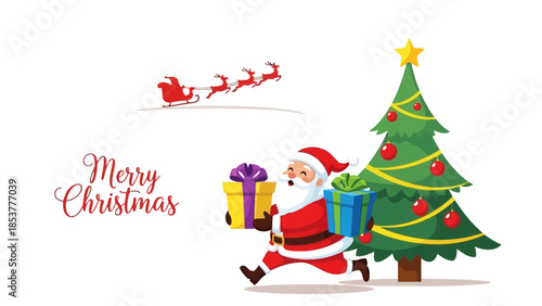 Merry Christmas Santa Claus Delivering Presents Next To A Decorated Christmas Tree With Reindeer Sleigh Flying In The Background