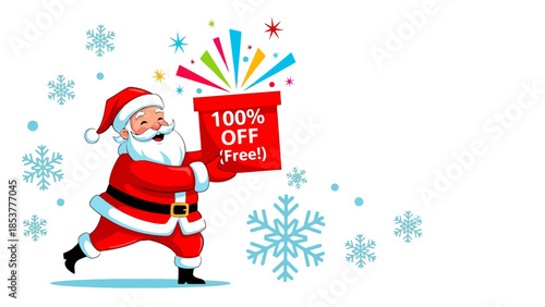 Christmas Sale Santa Claus offers a 100% off gift, celebrating festive discounts and holiday shopping with snowflakes
