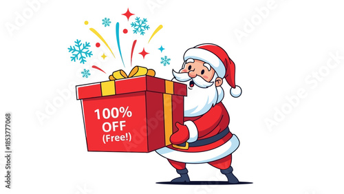 Santa Claus offering a Christmas gift box with '100% OFF (Free!)' for a festive holiday deal