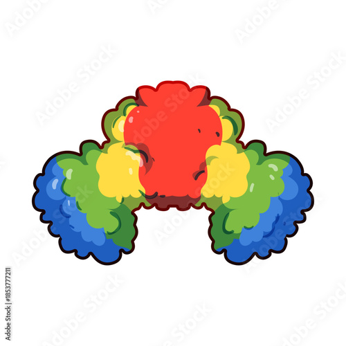 Clown wig featuring a vibrant mix of red, yellow, green, and blue colors, representing playfulness, entertainment, and a festive mood on a white background