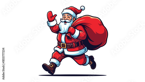 Joyful Santa Claus Rushing with a Festive Gift Bag Christmas Illustration in Action
