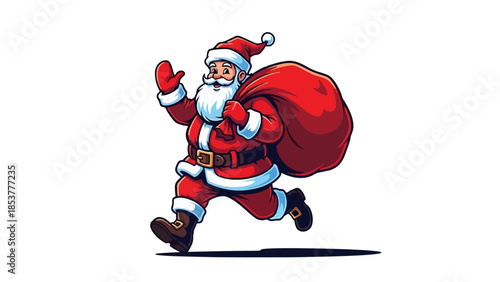 Santa Claus Running with a Bag of Gifts - Cartoon Illustration for Christmas Holiday Season