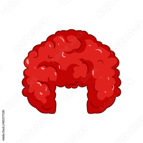 Red curly wig creating a fun, comical look, ideal for dressing up as a clown or a cheerful character, often used for carnivals, parties, or theatrical performances