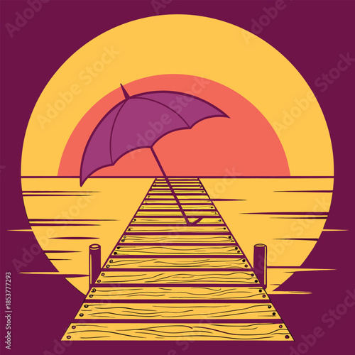 Vector illustration of a purple umbrella on a wooden pier against a vibrant sunset and calm ocean