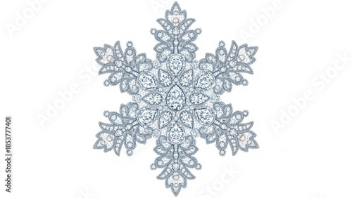 Delicate ornate snowflake design with intricate patterns and sparkling details on white background
