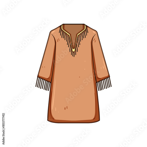 Brown long sleeve tunic with v neck and fringe trim on neckline and cuffs, rustic western boho style garment isolated on white, vector illustration of simple vintage outfit
