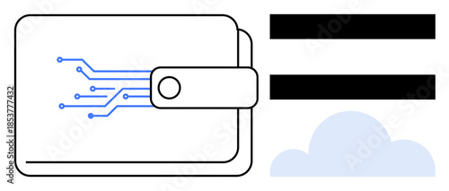 Digital wallet with electronic circuit lines, hinting at technology. Abstract cloud symbol suggests online storage or cloud computing. Ideal for finance, technology, connectivity, data access, online