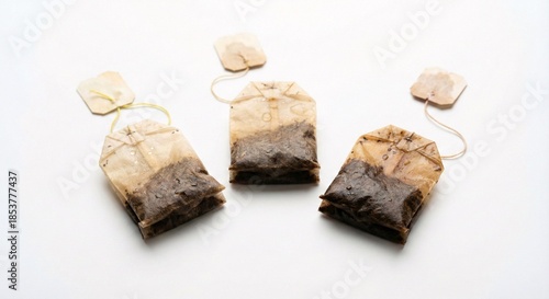 Used Teabags On White Background Isolated Objects Ready For Disposal And Recycling