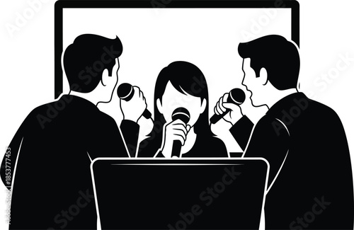 Three people speaking into microphones likely presenting or conducting an interview