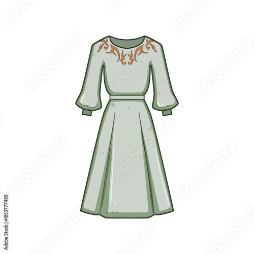 Long sleeved dress with embroidered bodice and cinched waist, classic folk inspired garment blending traditional motifs with elegant, versatile style for casual or formal wear