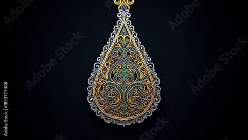 Intricate teardrop shaped pendant with gold, silver, and blue filigree on a dark background, luxurious jewelry design element