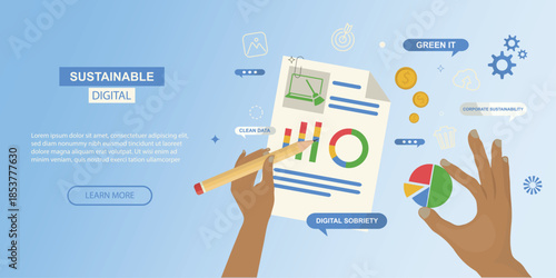 sustainable digital banner with diverse hands analyzing eco friendly data charts and pie graph, highlighting green IT, clean data and corporate sustainability strategy. Vector illustration