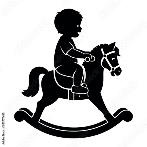 Classic black silhouette of a child on a rocking horse illustration
