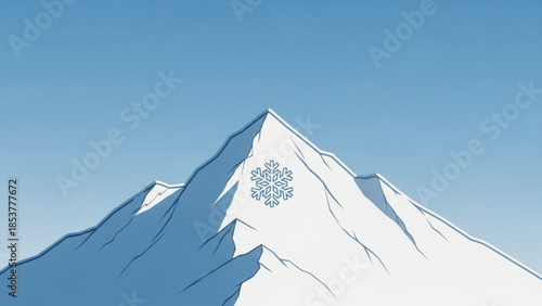 Snowy mountain peak with snowflake on slope, clear blue sky background, winter landscape scene