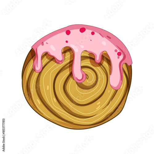 Cromboloni cake pastry illustration featuring a golden swirled dough base, generously topped with dripping pink icing and small red sprinkles, representing a trendy sweet dessert or snack