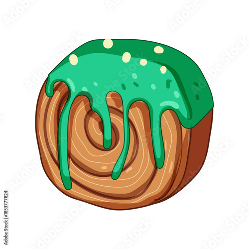 Cromboloni cake presenting a delicious circular pastry texture, topped with vibrant green icing dripping down and decorative white sprinkles, offering a tempting dessert concept