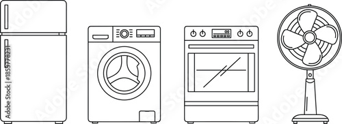Household appliance line art, refrigerator, washing machine, electric oven, pedestal fan, home essentials, kitchen tools, laundry gear, minimal illustration
