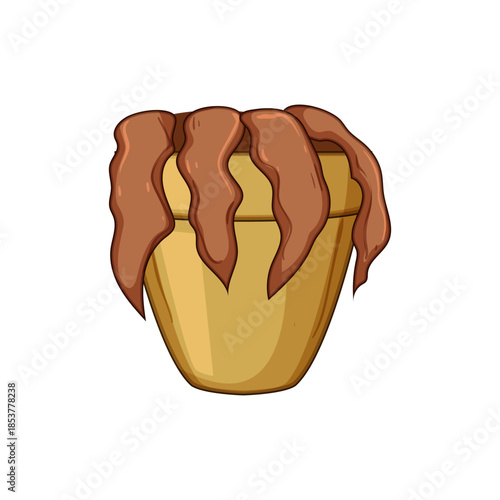 Wilting brown houseplant with shriveled leaves in a light brown pot on white background, symbolizing neglect, drought, poor care and halted growth