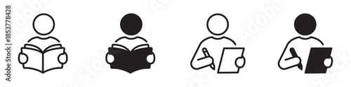 Reading and writing icon set with minimal linear and solid symbols showing person reading a book, studying, taking notes and writing on paper, designed for education, learning and study concepts