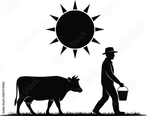A farmer and cow silhouetted against a bright sun a rural scene