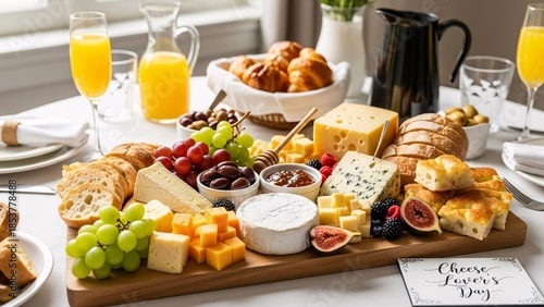 Delicious breakfast or brunch spread on a wooden board