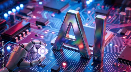 Artificial Intelligence Robot Hand Touching Futuristic Digital Circuit Board Technology Concept