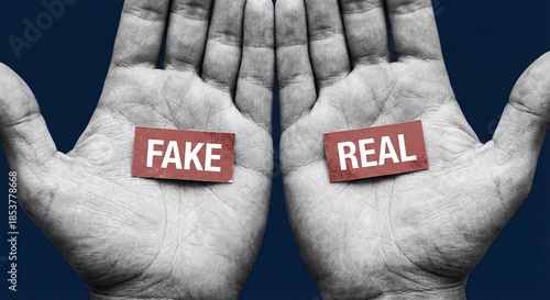 Choosing between fake and real concepts displayed on human hands showing truth dilemma