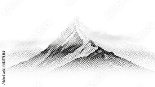 Majestic snow-capped mountain peak rendered in a traditional ink wash style with misty atmospheric perspective representing nature and adventure