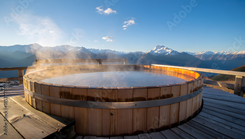 Foto Luxurious outdoor wooden hot tub steaming with warm water, set against a magnificent panorama of snow-capped mountains under a clear blue sky