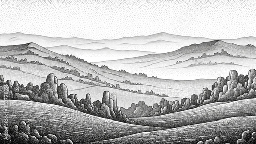 Serene mountain landscape illustration rolling hills and distant peaks in a monochromatic pencil sketch style perfect for nature backgrounds and editorial use