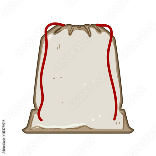 Drawstring sack in beige color with a red string, illustrating a simple storage solution for personal belongings, presents, or a carry bag isolated on white background