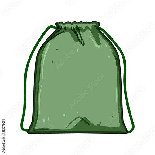 Green drawstring sack cartoon illustrating a simple fabric pouch design used for carrying and storing various items, useful for packaging or gift giving visuals