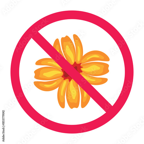 No flower sign, forbidden sign with flower icon, no floral ornament sign, do not use floral decoration, vector illustration
