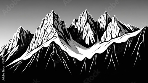 Dramatic snow-capped mountain range illustration stark black and white graphic art for adventure and nature themes isolated on gradient background