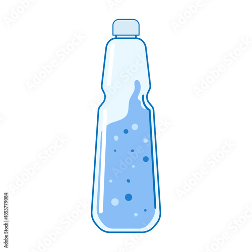 Stylized illustration of a clear plastic bottle with a unique shape, filled with a vibrant blue carbonated liquid and bubbles, symbolizing hydration and refreshment