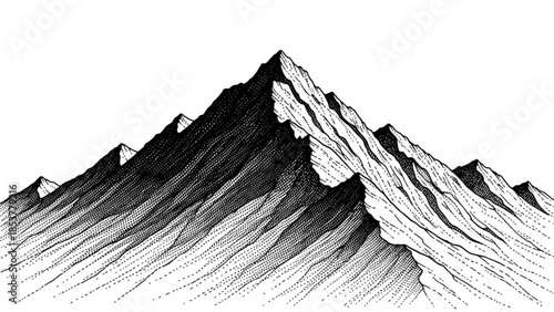 Detailed ink drawing of a sharp mountain range representing adventure and nature isolated on a white background for graphic design