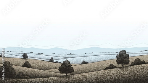 Rolling hills landscape with trees and fields a serene rural vista in a stylized illustration perfect for nature or agricultural themes
