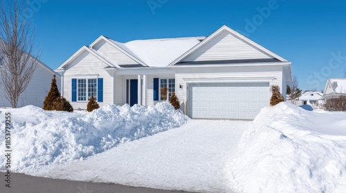 Charming Suburban House Exterior, Wellmaintained House With Snowy Driveway, Beautiful Suburban Residence With Pristine Grounds And Clear Path