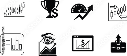 A set of modern business icons representing growth and success