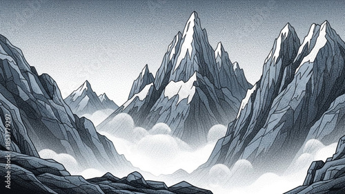 Majestic snow-capped mountain range with clouds below a dramatic landscape illustration for adventure and travel themes rendered in a stylized graphic art