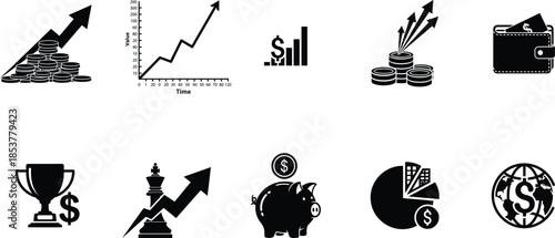 A set of financial icons representing business and investment concepts, including growth, profit, and strategy.