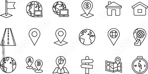 Set of thin line map and navigation icons featuring various location pin markers globe symbols world maps compasses road paths and destination flags isolated on white background vector illustration