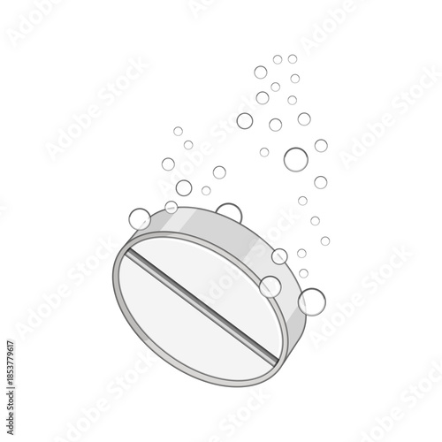 Effervescent tablet, with a bisecting line, breaking down in a liquid, creating numerous small, round bubbles rising to the surface, illustrating a chemical reaction