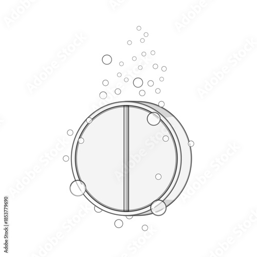 Effervescent tablet dissolving in water with fizzing bubbles, symbolizing rapid acting medication, relief, health remedy and fast dissolution on white background