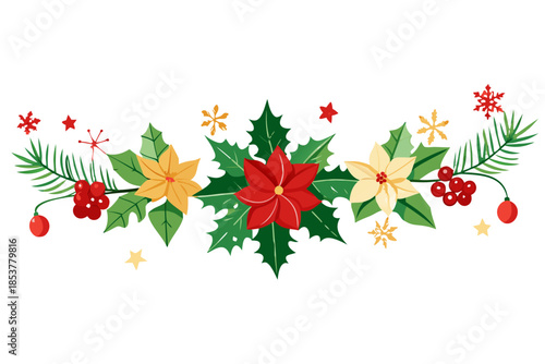 Vibrant Christmas floral arrangement with holly and poinsettias on black